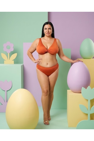 Büyük Beden Balenli Çapraz Detaylı Ayarlanabilir Askılı Toparlayıcı Kadın Bikini Takım Turuncu