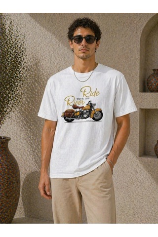Tarzyeri Erkek Motosiklet Baskılı Tişört Bisiklet Yaka Kısa Kol Yazlık T-shirt - Beyaz