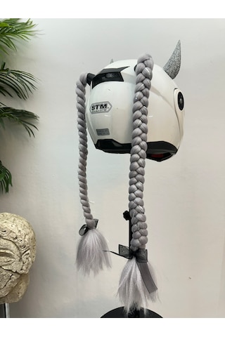 Motor & Motosiklet Gri Simli Çift Örgü Saç Ve Hologramlı Şeytan Boynuzlu Set Kask Dış Aksesuarı Diğer