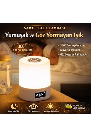 Coofbe Parlaklık Ayarlı Şarjlı Saatli Masa Lambası Gece Lambası Led Göz Korumalı Masaüstü Saat Gece Lambası Beyaz
