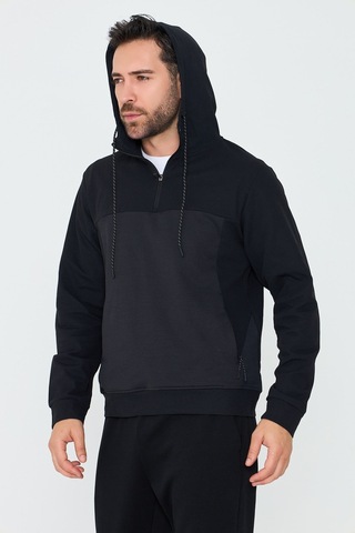 White Stone Siyah Kapüşonlu Yarım Fermuarlı Yandan Cepli Erkek Sweatshirt