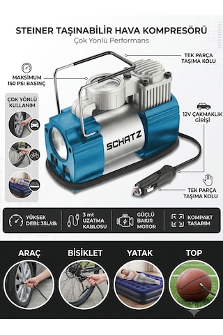 Schatz 12v 150 Psi Işıklı Bakır Sargılı Çakmaklık Girişli Mini Hava Kompresörü 35l Mavi