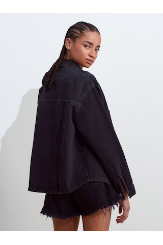 Dilvin 50749 Ön Bölümü Dikişli Oversize Denim Gömlek-siyah Siyah