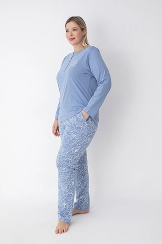 Senfoni Kadın Büyük Beden Düğmeli Yaka Uzun Kol %100 Pamuk Pijama Takımı 6068 -1 Adet Mavi