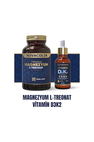 Novacolin Premium Magnezyum L-Treonat 90 Kapsül + Vitamin D3 K2 Damla 20 ML