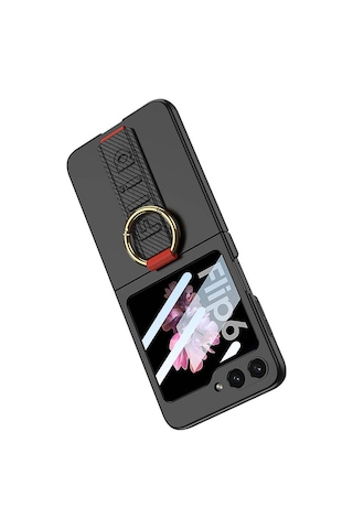 Galxy Uyumlu Z Flip 6 Kılıf Kamera Korumalı Yüzüklü Karbon Tasarımlı Zore Flip Ring Kıpta Kapak-siyah Siyah
