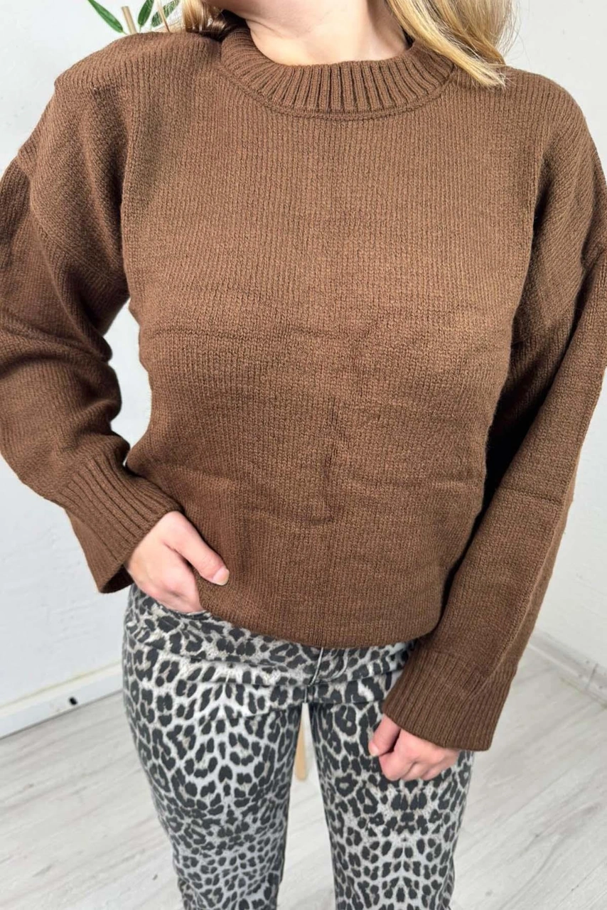 Explode - Kadın Kahve Bisiklet Yaka Oversize Triko Kazak Kahverengi