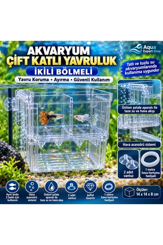 Akvaryum Çift Katlı Yavruluk - İkili Hazne - Hava Asansörlü - Şelale Filtreli - 14x14x8 Cm - Balıklar İçin Güvenli