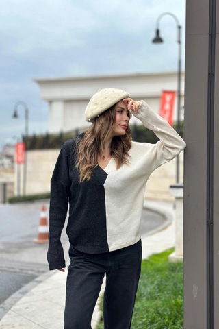 WeShaya Kadın Antrasit & Vizon Günlük Stil V Yaka Bloklu Uzun Kol Kazak Bluz Sweatshirt Antrasit