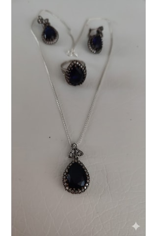 Mavi Safir Gümüş Set Bronz