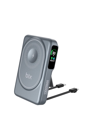 Bix Tpb16 10000 Mah Oled Ekranlı Manyetik Kablosuz Powerbank 20w Pd Hızlı Şarj Ve 15w Magsafe Gri Gri
