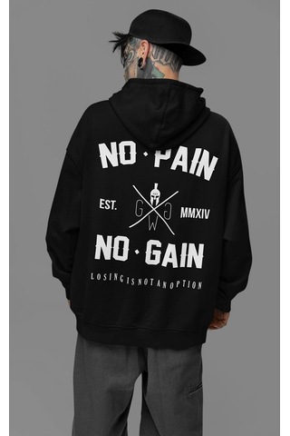 Sevbano No Pain No Gain Baskılı Unisex Oversize Fitness Gym Hoodie Siyah