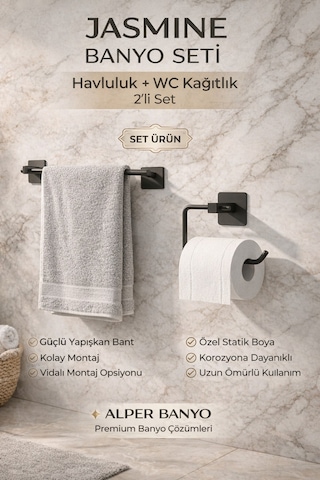 Alper Banyo Jasmin 2'Li Siyah Kare Yapışkanlı Banyo Seti Kağıtlık, Uzun Havluluk Hem Yapışkanlı Hem Montajlı