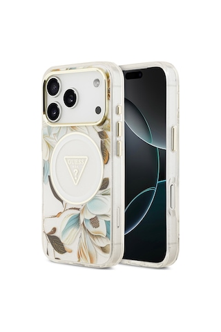 Apple Uyumlu iPhone 17 Pro Kılıf Guess Lisanslı M-safeli Simli Çiçek Desenli Metal Kamera Çerçeveli Kapak Beyaz Beyaz