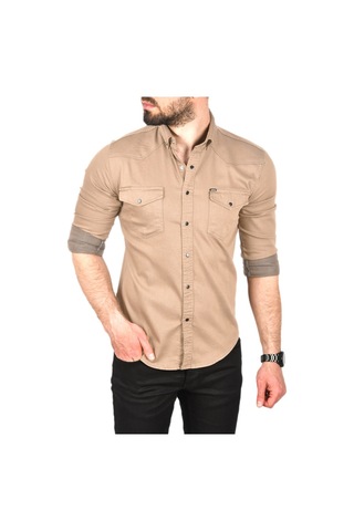 Deepsea Erkek Bej Slim Fit Pamuklu Cepli Kot Gömlek Çıtçıtlı Uzun Kollu Spor Gömlek 2502503 Bej