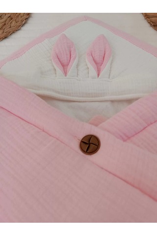 Yenidoğan 4 Kat Müslin Kumaş Kulaklı Patili Fiyonk Bebek Battaniyesi Kundak Pembe Çok Renkli