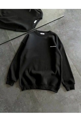 Mythrıva Kışlık Bisiklet Yaka Oversize Baskılı Sweatshirt - Siyah
