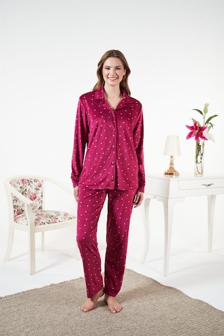 Estiva Puantiyeli Önden Düğmeli Kadife Bayan Pijama Takım Bordo