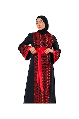 Zaytoon Uzun Kollu Tek Taraflı Nakışlı Kırmızı Kemerli Filistin Elbise C100057 Kırmızı