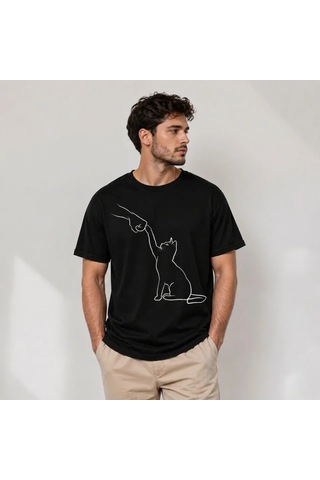 Defymoda Erkek Minimal Kedi Çizim Baskılı Tişört Kısa Kol Yazlık T-shirt - Siyah