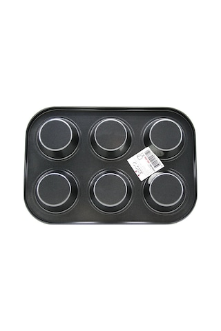 6 Gözlü Metal - Siyah Düz Muffin - Kek Kalıp Bx40 26 Cm