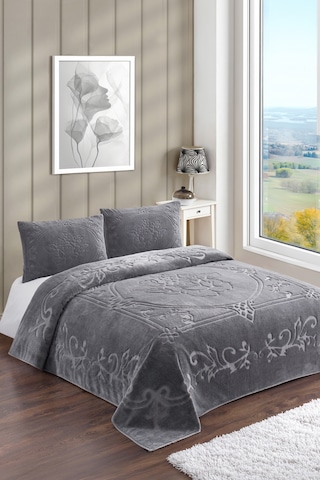 Gri Gül Bohem Yatak Örtüsü 220 X 230 Çift Kişilik Peluş Yumuşak Welsoft 2 Adet Yastık Kılıfı Gri - Gül