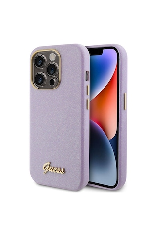 Apple Uyumlu iPhone 15 Pro Max Kılıf Guess Lisanslı Yazı Logolu Glitter Glossy Script Kapak Lila