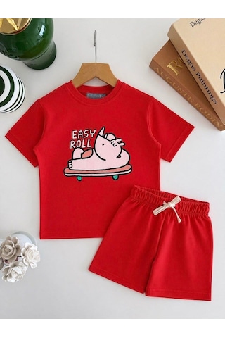 Magu Erkek Çocuk Pamuklu Gergedan Baskılı Kırmızı T-shirt Şort Takım