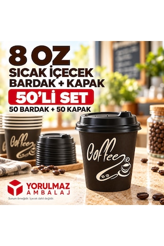 8 Oz Kapaklı Karton Bardak 50 Adet Sıcak İçecek Uyumlu Tek Kullanımlık Kağıt Bardak 40