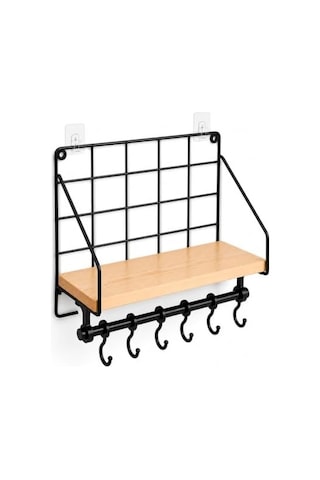 Duvara Asılabilir Yapışkanlı Raf Ve 6 Kancalı Organizer, Ahşap Raflı Metal Mutfak Düzenleyici, Delmeden Monte Edilebilir Askılı Duvar Rafı, Baharatlık, Havluluk, Bardaklık 50 x 22