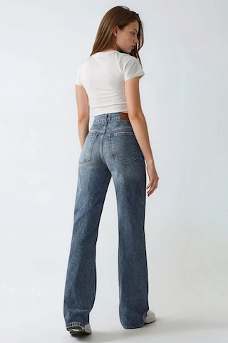 Hiccup Yüksek Bel Straight Leg Denim Pantolon Orta Mavi Denim