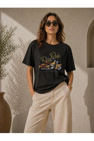 Wear Vexel Kadın Motosiklet Baskılı Tişört Bisiklet Yaka Kısa Kol Yazlık T-shirt - Siyah Çok Renkli