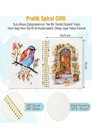 Telli Suluboya Eskiz Defteri 20x20 Cm 1 Adet Herboy 300 Gr Sulu Boya Eskiz Defteri Karakalem Çizim 12 Sayfa Dokulu Kağıt