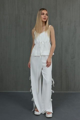 Gülsüm Aydın Fiyonklu Bluz Takım - Beyaz Beyaz