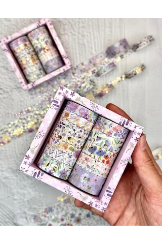 Kare Vintage Washi Tape Bant Yapışkanlı Maskeleme Kağıdı Desenli Bant 12'li - Mor Çiçekler 1