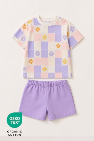 Luppinos %100 Pamuk Çiçek Baskılı Bisiklet Yaka Çift Cepli Bebek-çocuk Tshirt Şort Set Beyaz - Mor