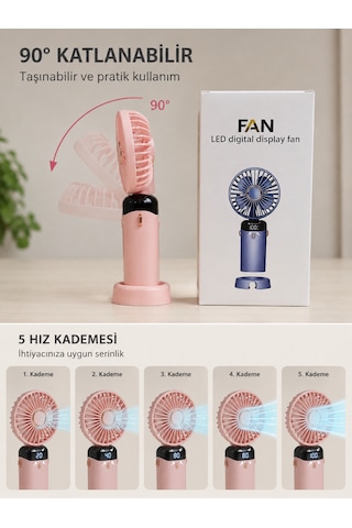 Led Digital 5 Kademe 90 Derece Katlanabilir Şarj Göstergeli El Vantilatörü