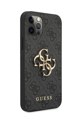 Apple Uyumlu iPhone 12 Pro Max Kılıf Guess Lisanslı Pu Deri Büyük Metal Logo Dizaynlı Kapak Gri