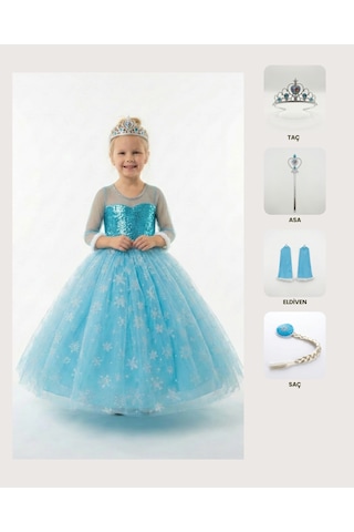 Butikhappykids Frozen Elsa Kostümü Uzun Kollu Kız Çocuk Prenses Elbisesi Taç+asa+saç+eldiven Hediyeli Mavi