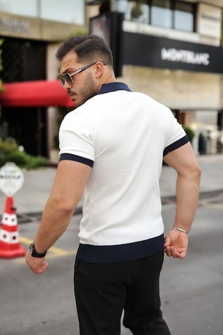 Efnaz Style Erkek Yaka Ve Kol Detaylı Fermuar Yakalı Çizgi Desen Kısa Kollu Triko Tişört Beyaz
