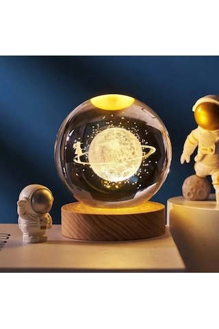 3d Kristal Cam Küre Ahşap Kaideli Gece Lambası - Satürn