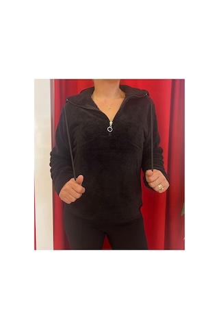 Rouge Basic Kapşonlu Yarım Fermuar Peluş Sweat Siyah