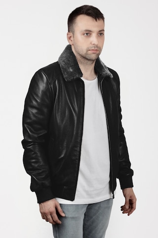 Derije Kelvin Hakiki Jumbo Deri Erkek Siyah Seyyar Kürk Yaka Mont Siyah