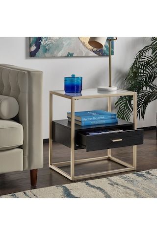 Faye Gold Metal Ahşap&cam Yan Sehpa