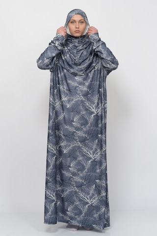 Pratik Tek Parça Ağaç Desenli Kollu Tak Çıkar Başörtülü Likralı Tesettür Namaz Elbisesi 990-0705 Gri Antrasit