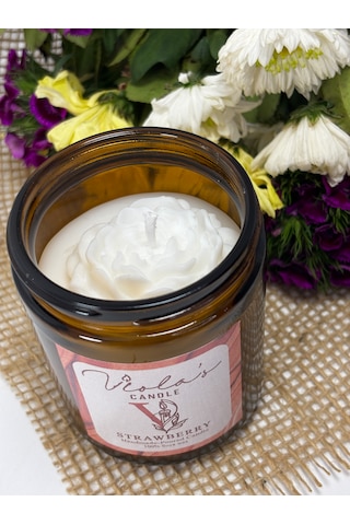 Violas Candle Amber Renk Cam Kavanoz Çilek Kokulu %100 Soya Wax Mum Beyaz