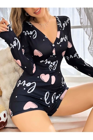 İkikareshop Kadın Siyah Kalp Desenli Love Yazılı Pijama Tulumu 5124 Çok Renkli