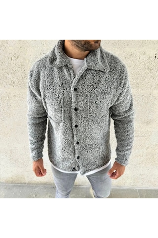 Erkek Pelüş Polar Hırka Gömlek Yakalı, İlik Düğmeli, Göğüs Cepli, Yumuşak Dokulu Kışlık Regular Fi Gri