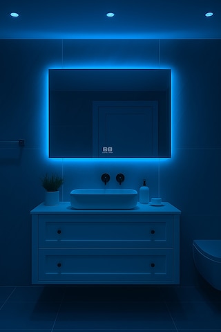 Digital Hayat Buğu Çözücü Dokunmatik Dimlenebilir Dikdörtgen Ayna Mavi Işıklı Led Dekoratif Banyo Makyaj Aynası Yatay Ve Dikey Kullanım Mavi