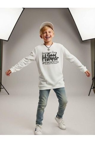 Zekids Erkek Çocuk Good Humor Yazılı Uzun Kollu İnce Triko T-shirt-16647 Beyaz